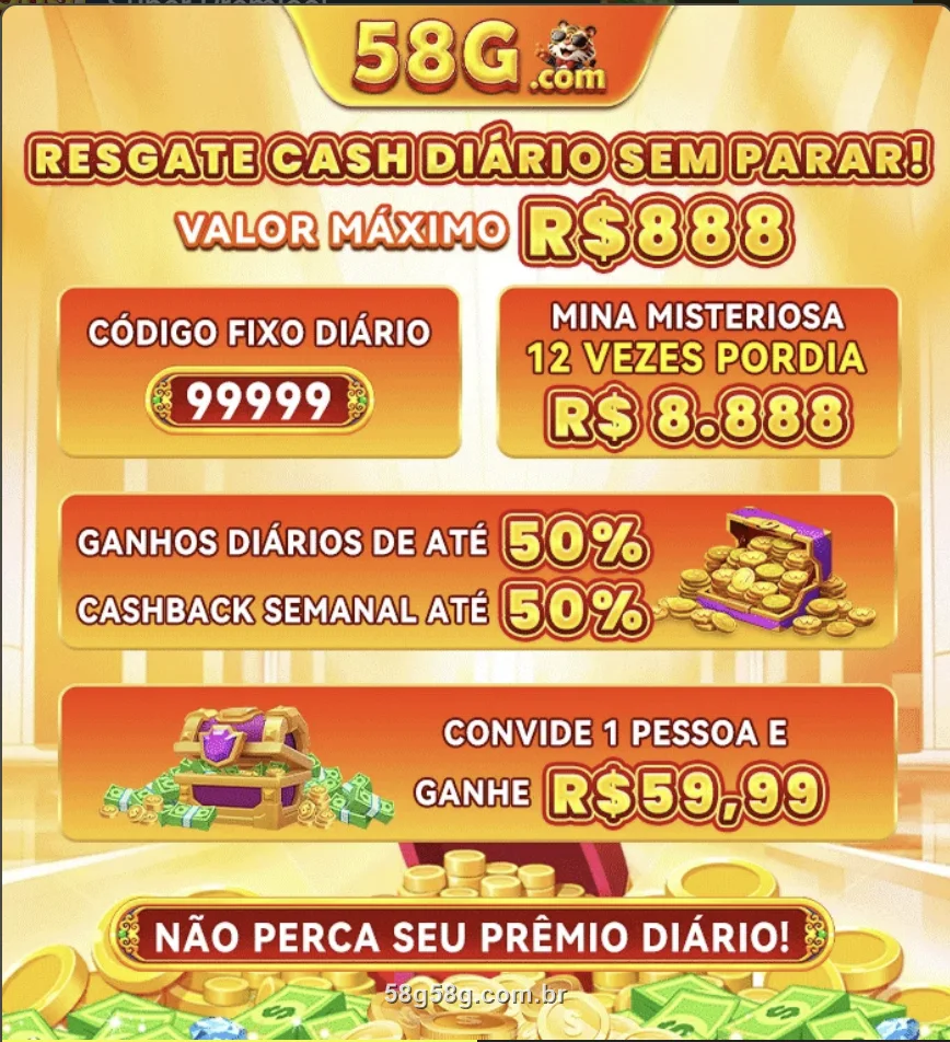 Banner do Resgate de Cash Diário e bônus VIP do 58G