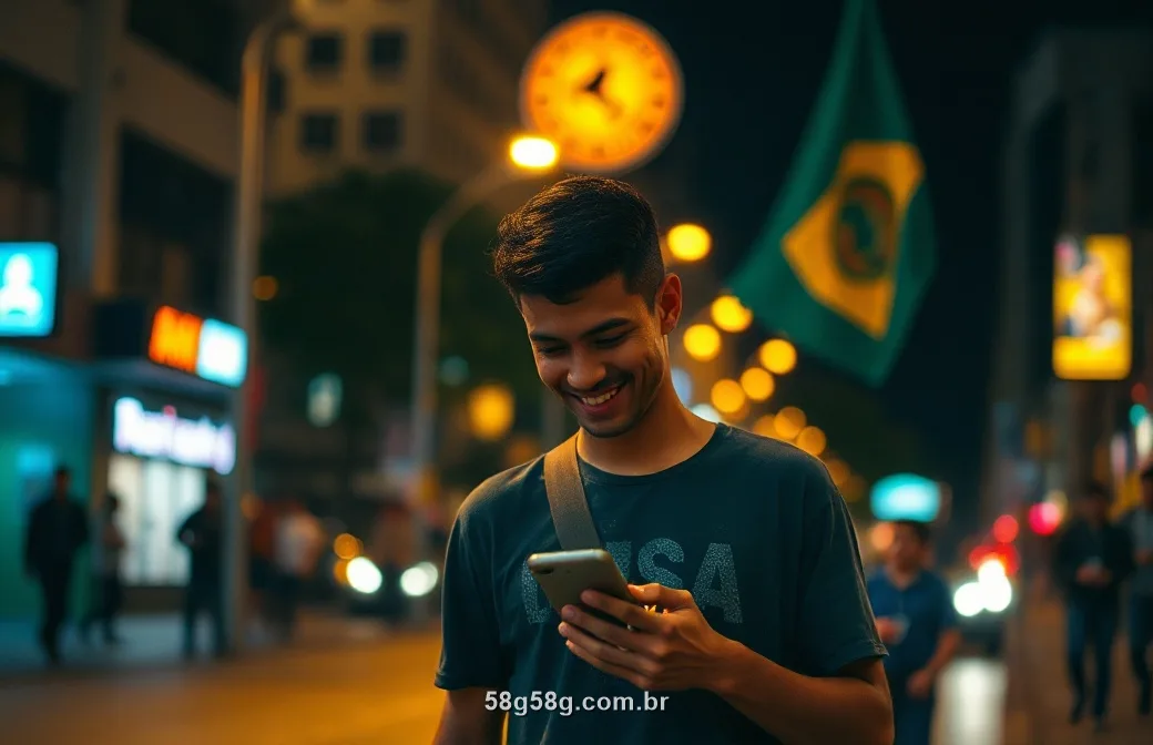 Jovem brasileiro na rua à noite com luzes douradas olhando o celular