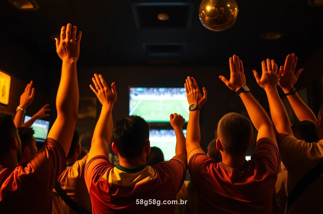 Torcedores brasileiros comemorando um jogo num bar à noite sob luz dourada