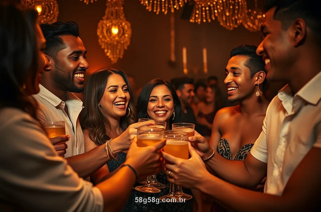 Amigos brasileiros comemorando juntos com confete dourado à noite