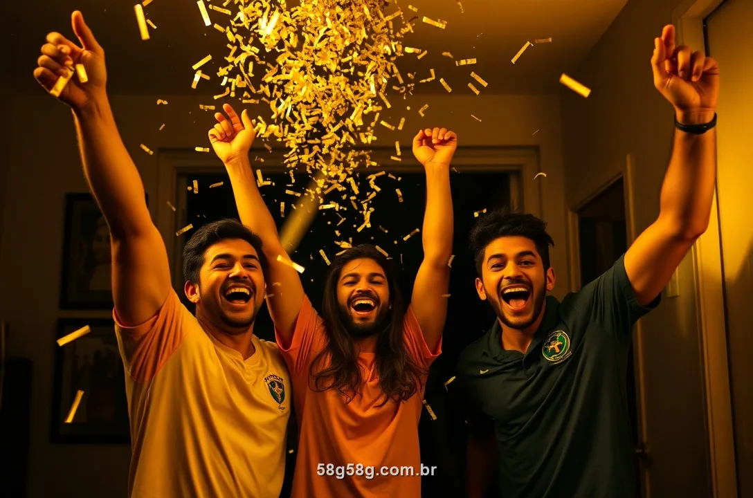 Amigos brasileiros comemorando uma vitória com confete dourado em casa