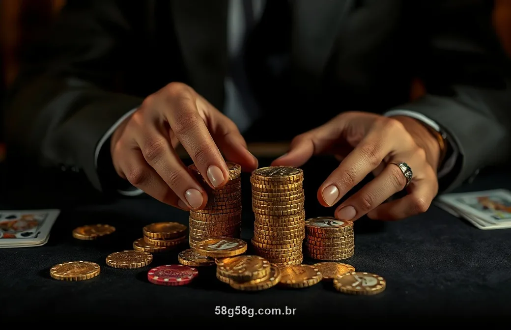 Mãos empilhando fichas douradas e cartas sobre uma mesa de cassino