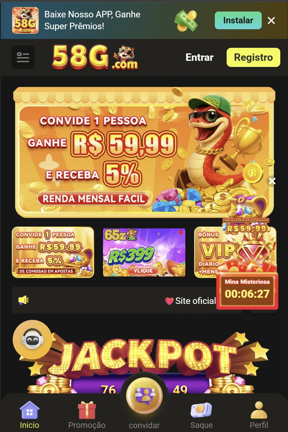 Tela inicial do app oficial 58G.com com o JACKPOT