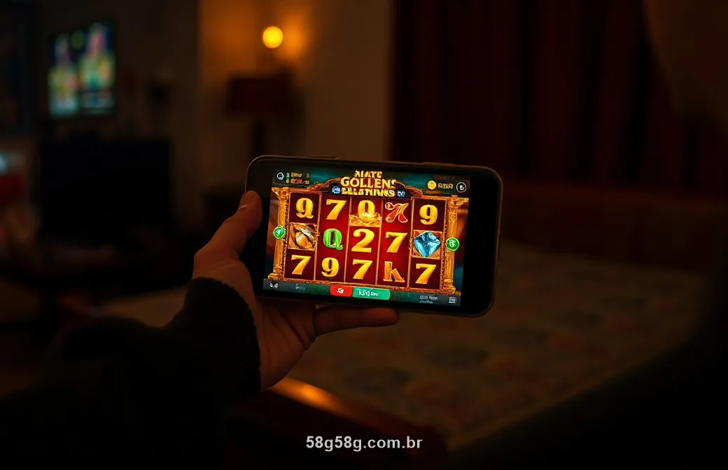 Mão segurando o celular com um caça-níquel dourado em casa à noite